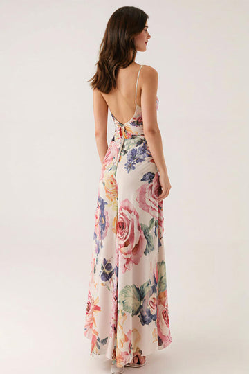 Pink Floral Spaghetti Straps Sheath Evening Dress